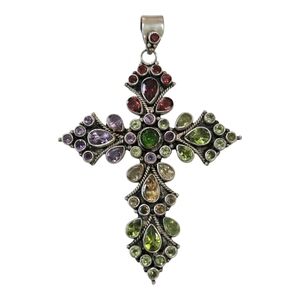 Large Multi Gemstone Sterling Silver Cross Pendant